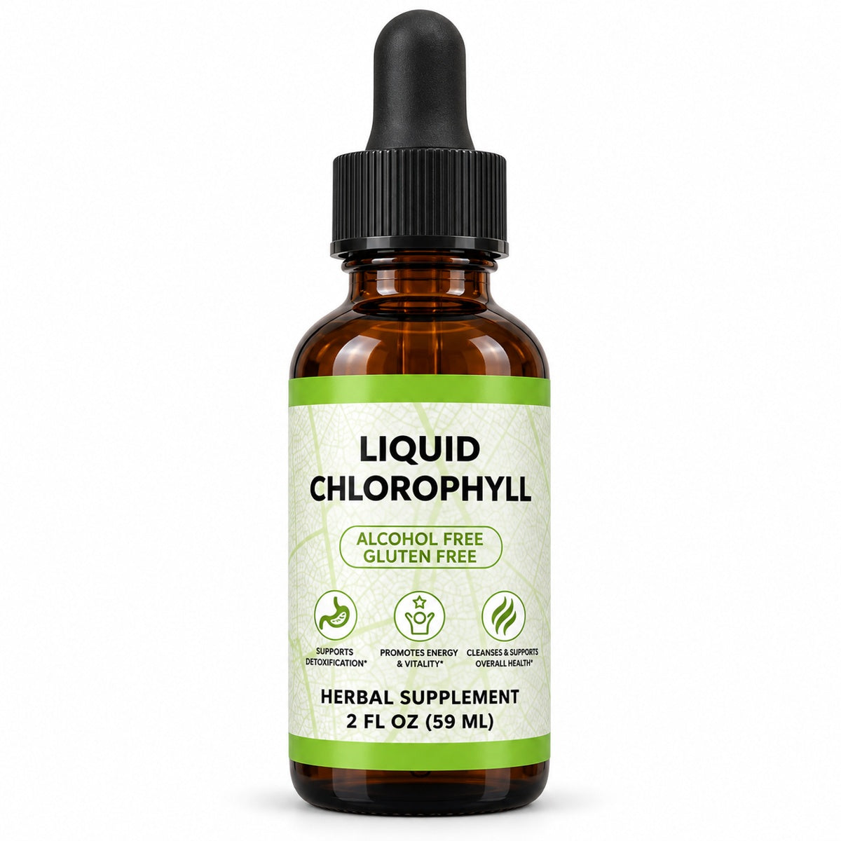 Clorofila líquida Benevolent: frasco ámbar con gotero negro, 60 ml