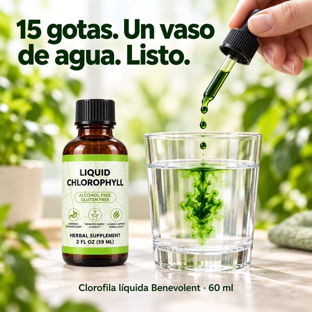 15 gotas de clorofila líquida Benevolent en un vaso de agua