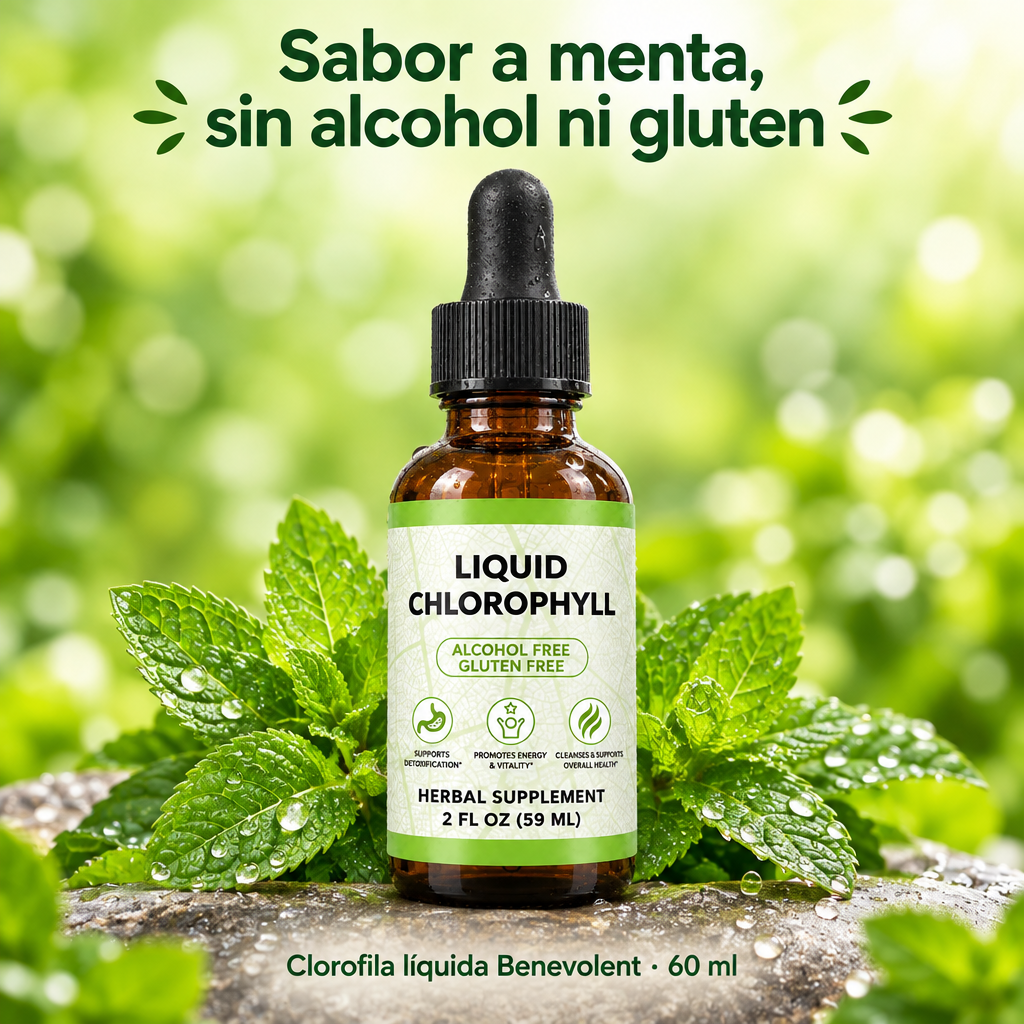 Clorofila líquida Benevolent con sabor a menta, sin alcohol ni gluten