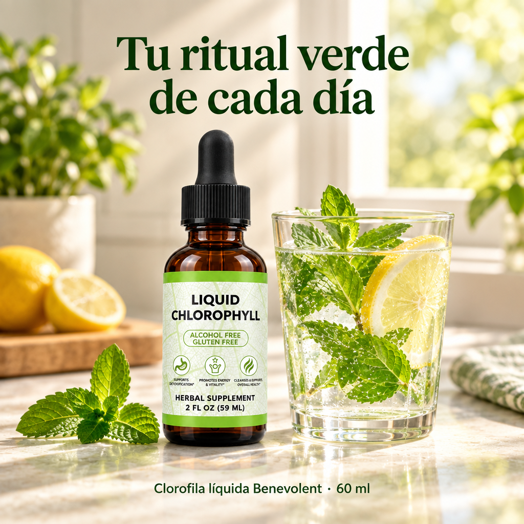 Frasco de clorofila líquida Benevolent 60 ml junto a un vaso de agua con menta y limón