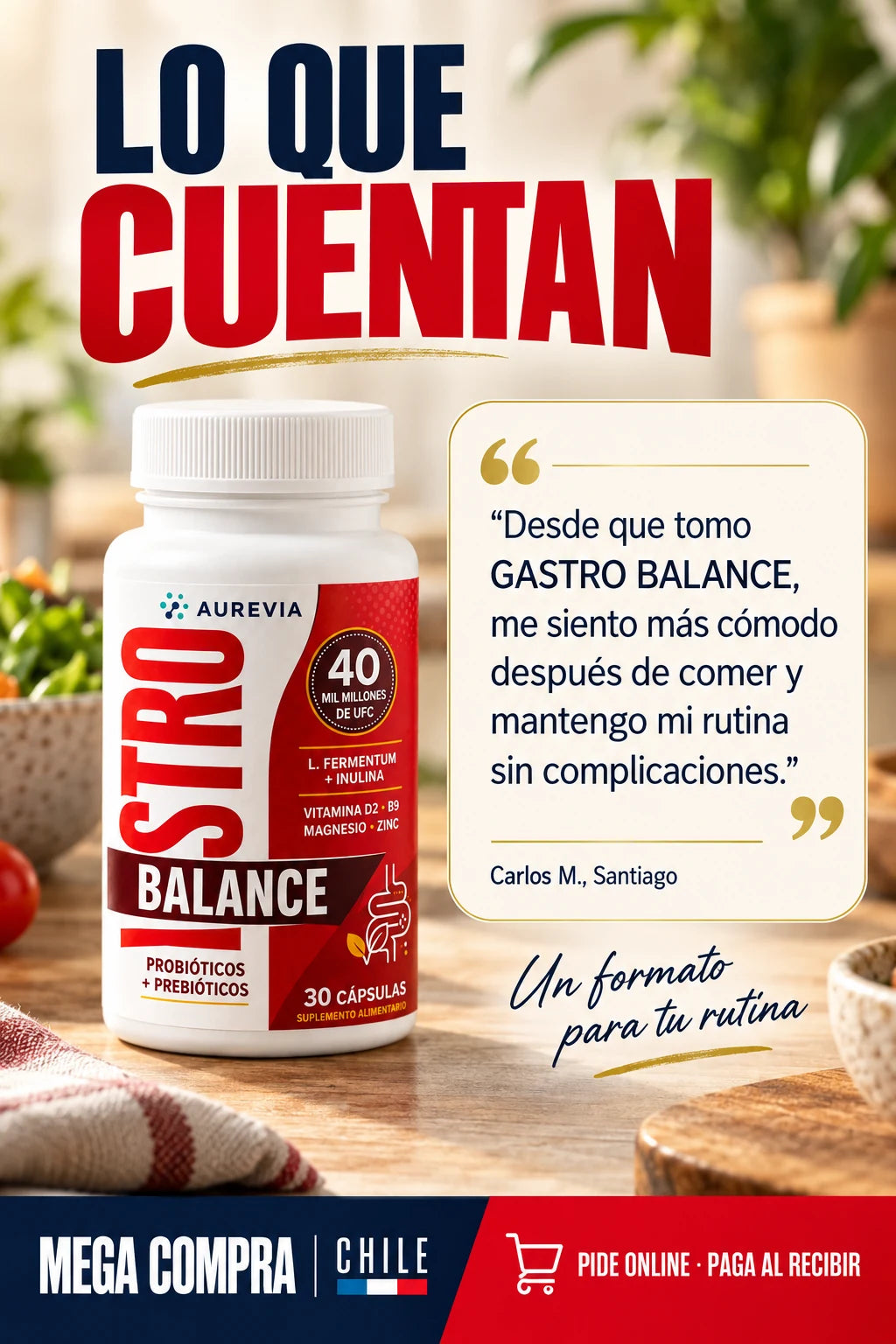 Desde que tomo GASTRO BALANCE, me siento más cómodo después de comer y mantengo mi rutina sin complicaciones. — Carlos M., Santiago